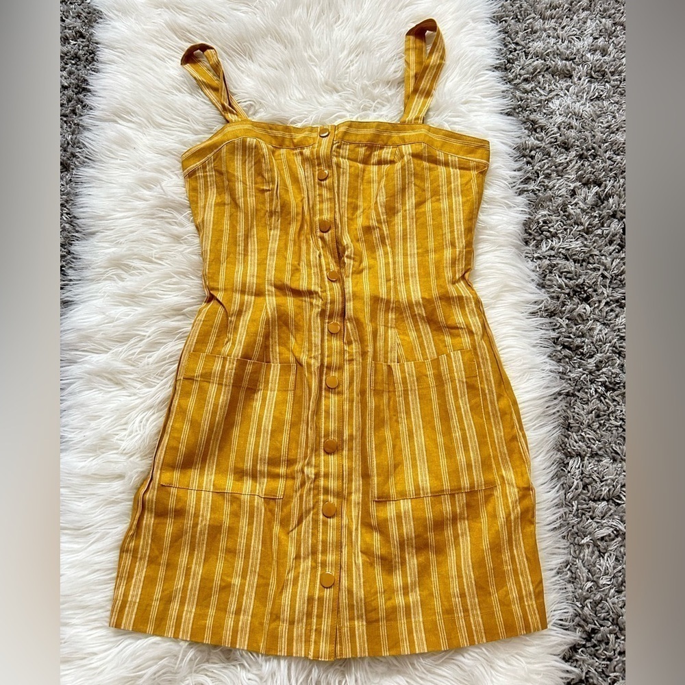 Forever 21 Striped Mini Dress Button Down Sleeveless Square Neck Mustard Small